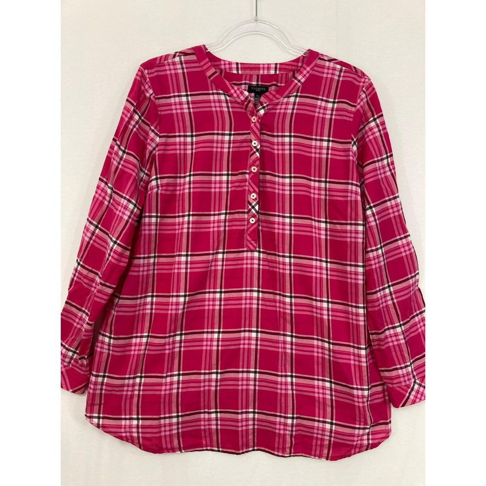 Talbots Plaid Blouse XL Petite Pink Cotton Henley Long Sleeve Preppy Office